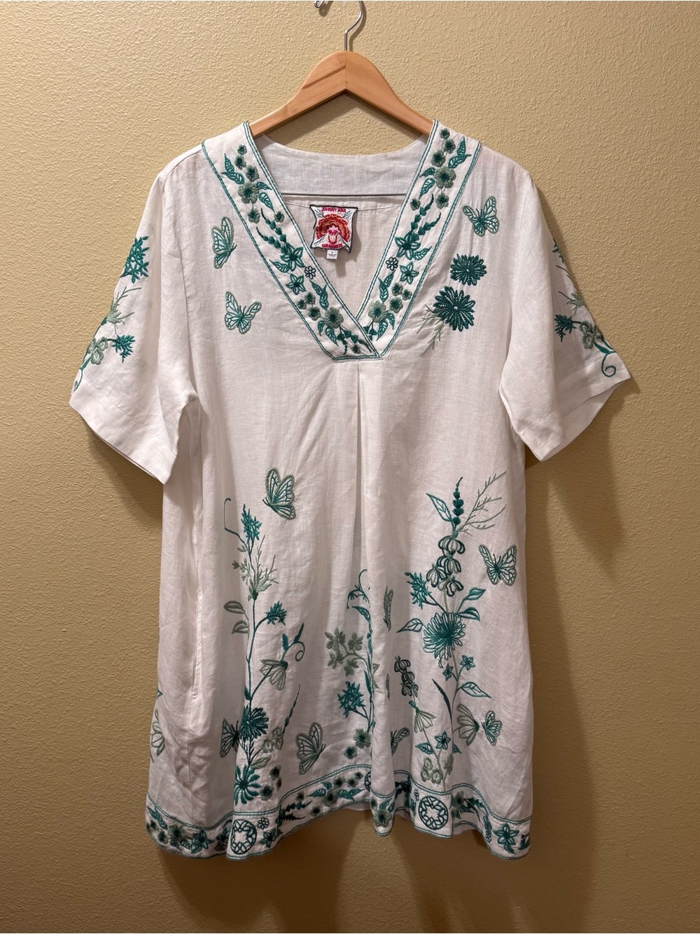 Women’s Large Johnny Was JWLA White Green Domingo Dolman Linen Boho Dress